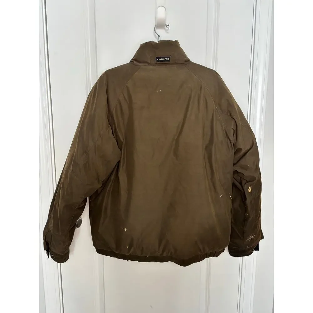 Claiborne Men’s Down‑Fill Jacket  Olive/Brown Waxed Look with High Collar Size M
